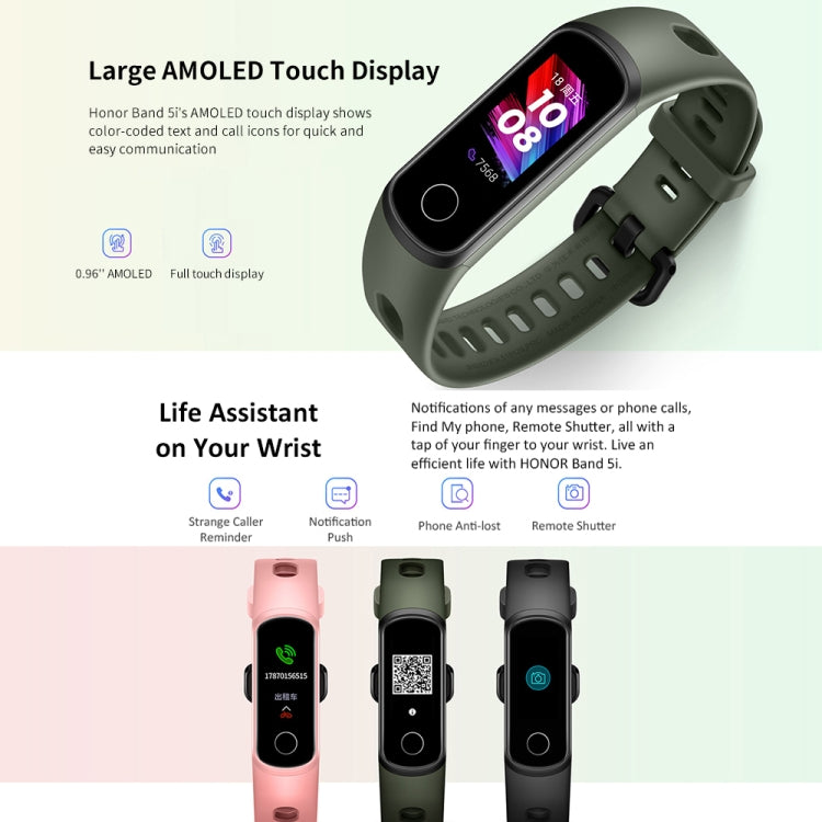 Original Huawei Honor Band 5i 0.96 inch Color Screen Smart Sport Wristband, Standard Version, Support Heart Rate Monitor / Information Reminder / Sleep Monitor(Black) - Wearable Devices by Huawei | Online Shopping UK | buy2fix