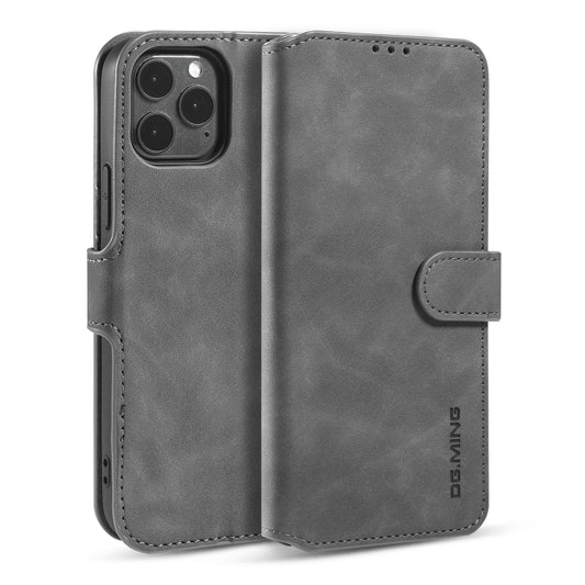 For iPhone 12 / 12 Pro DG.MING Retro Oil Side Horizontal Flip Case with Holder & Card Slots & Wallet(Grey) - iPhone 12 / 12 Pro Cases by DG.MING | Online Shopping UK | buy2fix