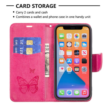 For iPhone 13 Pro Max Embossing Two Butterflies Pattern Horizontal Flip PU Leather Case with Holder & Card Slot & Wallet & Lanyard (Rose Red) - iPhone 13 Pro Max Cases by buy2fix | Online Shopping UK | buy2fix