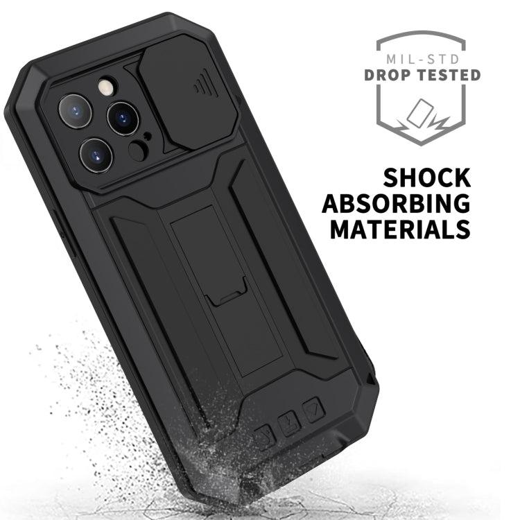 For iPhone 13 Pro Max R-JUST Sliding Camera Shockproof Life Waterproof Dust-proof Metal + Silicone Protective Case with Holder (Black) - iPhone 13 Pro Max Cases by R-JUST | Online Shopping UK | buy2fix