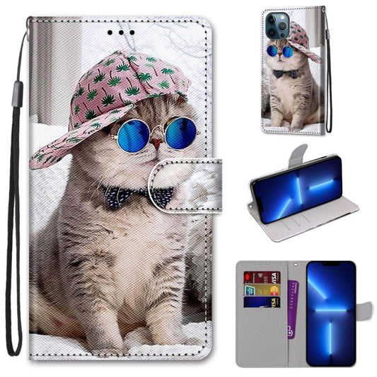 For iPhone 13 Pro Coloured Drawing Cross Texture Horizontal Flip PU Leather Case with Holder & Card Slots & Wallet & Lanyard (Slant Hat Blue Mirror Cat) - iPhone 13 Pro Cases by buy2fix | Online Shopping UK | buy2fix