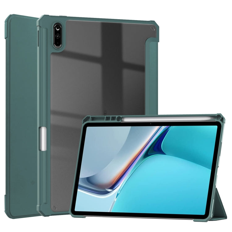 For Huawei MatePad 11 2021 Three-fold Transparent TPU Horizontal Flip Leather Case with Pen Slot & Three-fold Holder & Sleep / Wake-up Function(Dark Green) - Huawei by buy2fix | Online Shopping UK | buy2fix