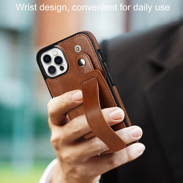 For iPhone 12 / 12 Pro Crazy Horse Texture Shockproof TPU + PU Leather Case with Card Slot & Wrist Strap Holder(Brown) - iPhone 12 / 12 Pro Cases by buy2fix | Online Shopping UK | buy2fix