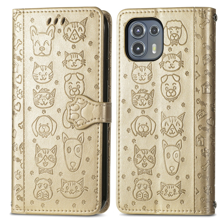 For Motorola Moto Edge 20 Lite Lovely Cat and Dog Embossing Pattern Horizontal Flip Leather Case , with Holder & Card Slots & Wallet & Cartoon Clasp & Lanyard(Gold) - Motorola Cases by buy2fix | Online Shopping UK | buy2fix