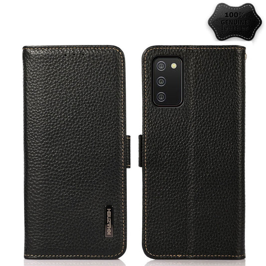 For Samsung Galaxy A02s EU Version KHAZNEH Side-Magnetic Litchi Genuine Leather RFID Phone Case(Black) - Galaxy Phone Cases by buy2fix | Online Shopping UK | buy2fix