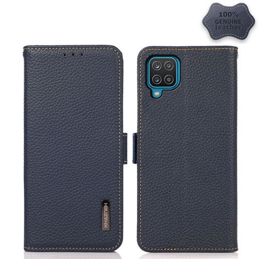 For Samsung Galaxy A22 4G KHAZNEH Side-Magnetic Litchi Genuine Leather RFID Phone Case(Blue) - Galaxy Phone Cases by buy2fix | Online Shopping UK | buy2fix