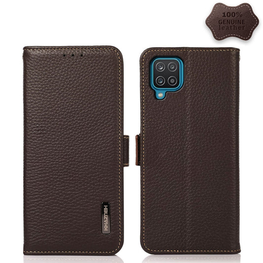 For Samsung Galaxy A22 4G KHAZNEH Side-Magnetic Litchi Genuine Leather RFID Phone Case(Brown) - Galaxy Phone Cases by buy2fix | Online Shopping UK | buy2fix