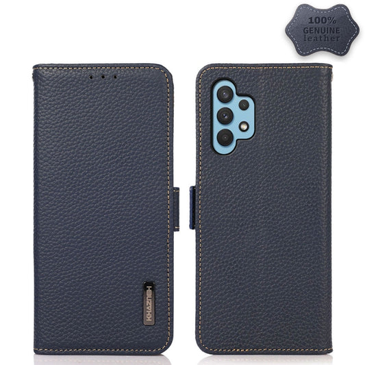 For Samsung Galaxy A32 5G KHAZNEH Side-Magnetic Litchi Genuine Leather RFID Phone Case(Blue) - Galaxy Phone Cases by buy2fix | Online Shopping UK | buy2fix