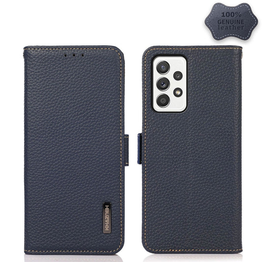 For Samsung Galaxy A52 5G KHAZNEH Side-Magnetic Litchi Genuine Leather RFID Phone Case(Blue) - Galaxy Phone Cases by buy2fix | Online Shopping UK | buy2fix