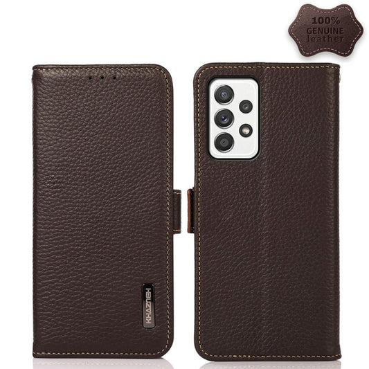 For Samsung Galaxy A52 5G KHAZNEH Side-Magnetic Litchi Genuine Leather RFID Phone Case(Brown) - Galaxy Phone Cases by buy2fix | Online Shopping UK | buy2fix