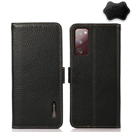 For Samsung Galaxy S20 FE KHAZNEH Side-Magnetic Litchi Genuine Leather RFID Phone Case(Black) - Galaxy S20 FE Cases by buy2fix | Online Shopping UK | buy2fix