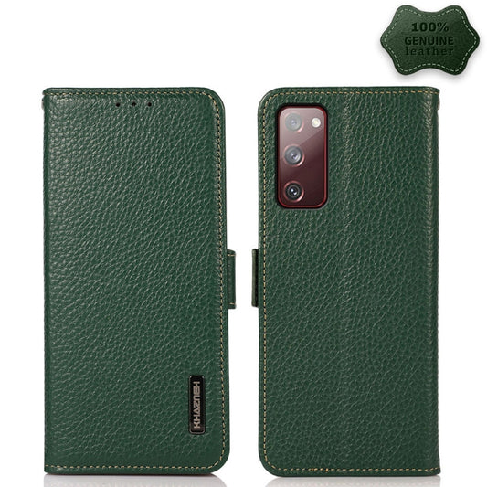 For Samsung Galaxy S20 FE KHAZNEH Side-Magnetic Litchi Genuine Leather RFID Phone Case(Green) - Galaxy S20 FE Cases by buy2fix | Online Shopping UK | buy2fix