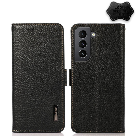 For Samsung Galaxy S21 5G KHAZNEH Side-Magnetic Litchi Genuine Leather RFID Phone Case(Black) - Galaxy S21 5G Cases by buy2fix | Online Shopping UK | buy2fix