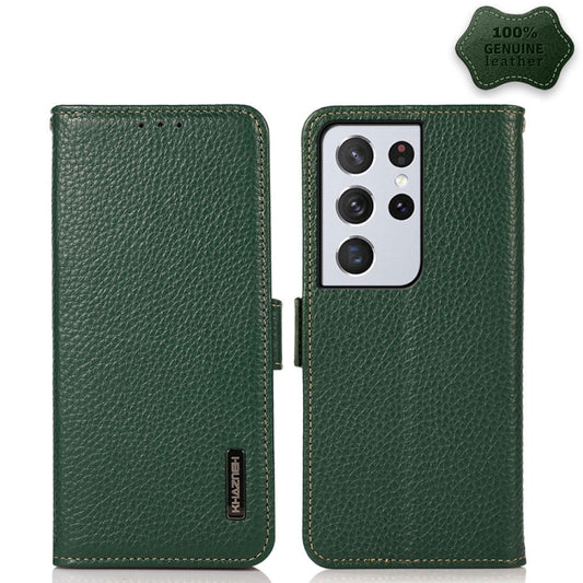 For Samsung Galaxy S21 Ultra 5G KHAZNEH Side-Magnetic Litchi Genuine Leather RFID Phone Case(Green) - Galaxy S21 Ultra 5G Cases by buy2fix | Online Shopping UK | buy2fix