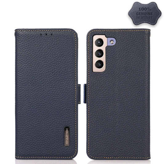 For Samsung Galaxy S22+ 5G KHAZNEH Side-Magnetic Litchi Genuine Leather RFID Phone Case(Blue) - Galaxy S22+ 5G Cases by buy2fix | Online Shopping UK | buy2fix