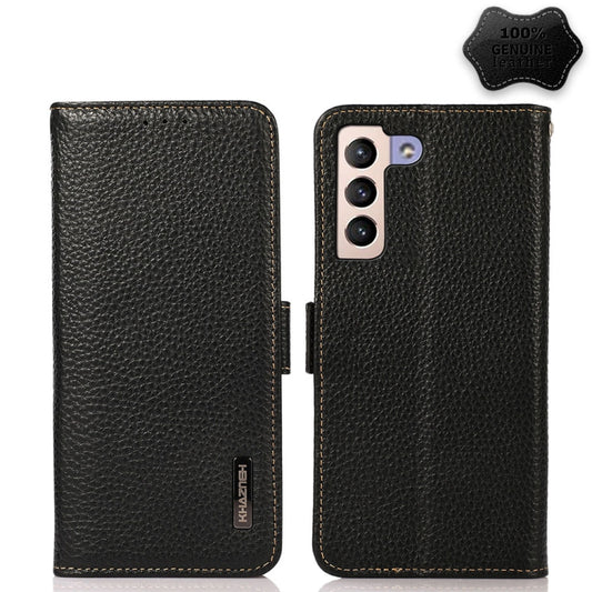 For Samsung Galaxy S22 5G KHAZNEH Side-Magnetic Litchi Genuine Leather RFID Phone Case(Black) - Galaxy S22 5G Cases by buy2fix | Online Shopping UK | buy2fix