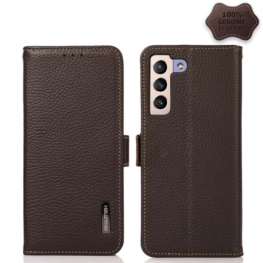 For Samsung Galaxy S22 5G KHAZNEH Side-Magnetic Litchi Genuine Leather RFID Phone Case(Brown) - Galaxy S22 5G Cases by buy2fix | Online Shopping UK | buy2fix