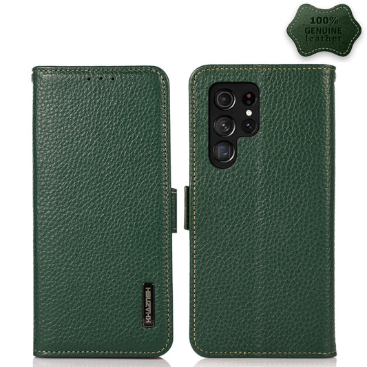 For Samsung Galaxy S22 Ultra 5G KHAZNEH Side-Magnetic Litchi Genuine Leather RFID Phone Case(Green) - Galaxy S22 Ultra 5G Cases by buy2fix | Online Shopping UK | buy2fix