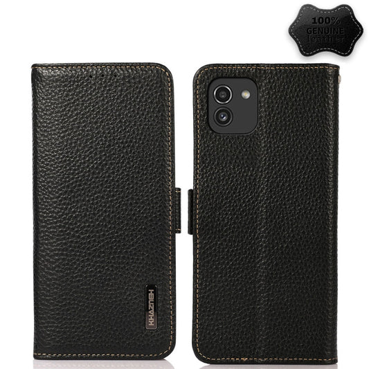 For Samsung Galaxy A03 164mm Version KHAZNEH Side-Magnetic Litchi Genuine Leather RFID Phone Case(Black) - Galaxy Phone Cases by buy2fix | Online Shopping UK | buy2fix