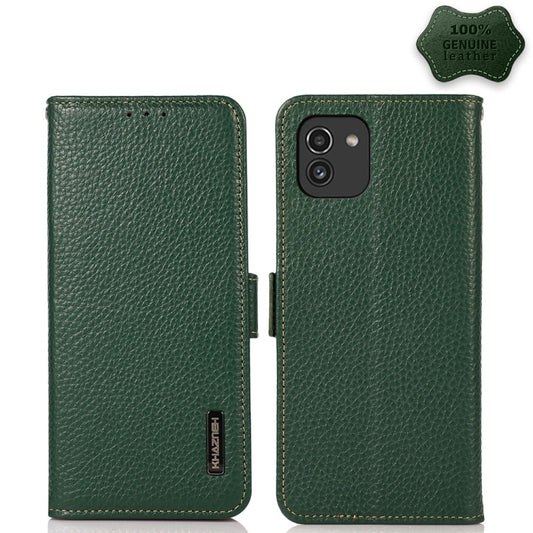 For Samsung Galaxy A03 164mm Version KHAZNEH Side-Magnetic Litchi Genuine Leather RFID Phone Case(Green) - Galaxy Phone Cases by buy2fix | Online Shopping UK | buy2fix