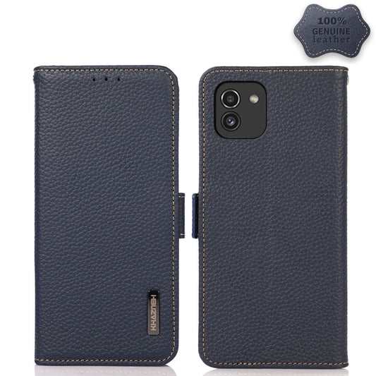 For Samsung Galaxy A03 166mm Version KHAZNEH Side-Magnetic Litchi Genuine Leather RFID Phone Case(Blue) - Galaxy Phone Cases by buy2fix | Online Shopping UK | buy2fix