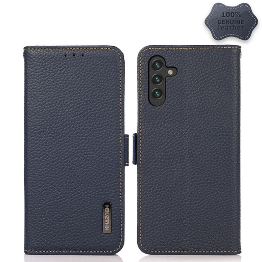 For Samsung Galaxy A13 5G KHAZNEH Side-Magnetic Litchi Genuine Leather RFID Phone Case(Blue) - Galaxy Phone Cases by buy2fix | Online Shopping UK | buy2fix