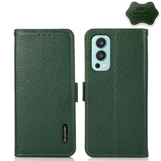 For OnePlus Nord 2 5G KHAZNEH Side-Magnetic Litchi Genuine Leather RFID Phone Case(Green) - OnePlus Cases by buy2fix | Online Shopping UK | buy2fix