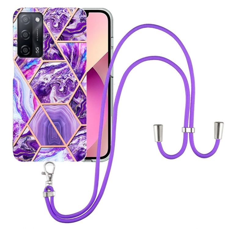 For OPPO A53s 5G / A55 5G / A54 4G / A16 Electroplating Splicing Marble TPU Phone Case with Lanyard(Dark Purple) - OPPO Cases by buy2fix | Online Shopping UK | buy2fix