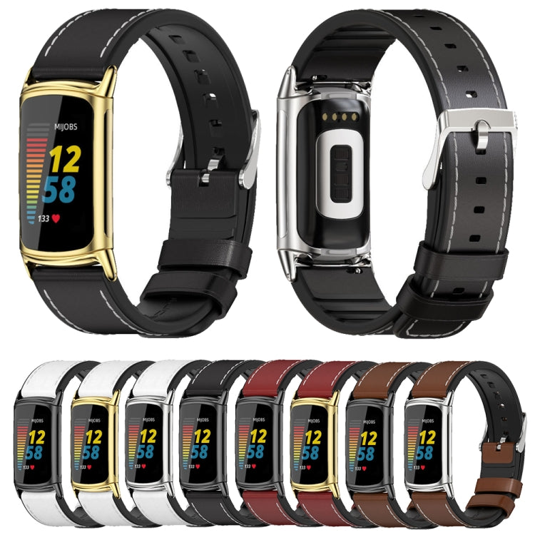 For Fitbit Charge5 Mijobs TPU + Leather Watch Band(Black+Silver) - Watch Bands by MIJOBS | Online Shopping UK | buy2fix