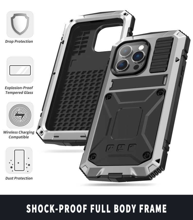 For iPhone 14 Pro R-JUST Shockproof Waterproof Dust-proof Case with Holder(Silver) - iPhone 14 Pro Cases by R-JUST | Online Shopping UK | buy2fix