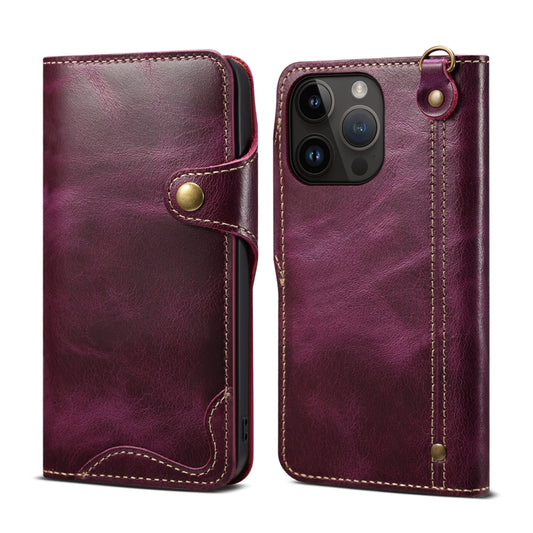 For iPhone 14 Pro Max Denior Oil Wax Cowhide Magnetic Button Genuine Leather Case (Purple) - iPhone 14 Pro Max Cases by Denior | Online Shopping UK | buy2fix