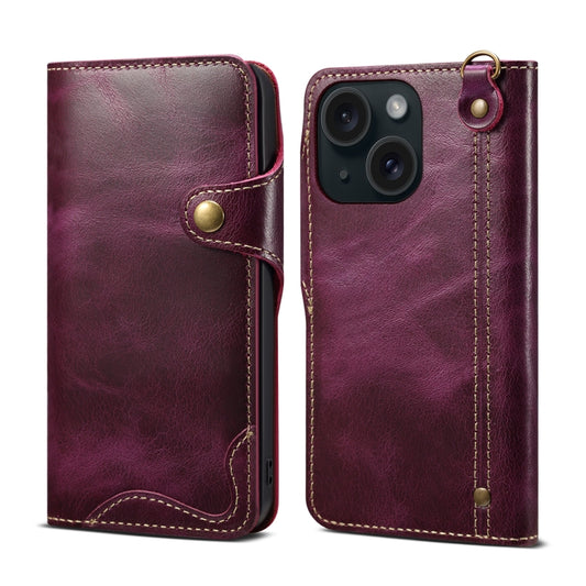 For iPhone 14 Denior Oil Wax Cowhide Magnetic Button Genuine Leather Case (Purple) - iPhone 14 Cases by Denior | Online Shopping UK | buy2fix