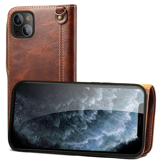 For iPhone 13 Denior Oil Wax Cowhide Magnetic Button Genuine Leather Case(Brown) - iPhone 13 Cases by Denior | Online Shopping UK | buy2fix