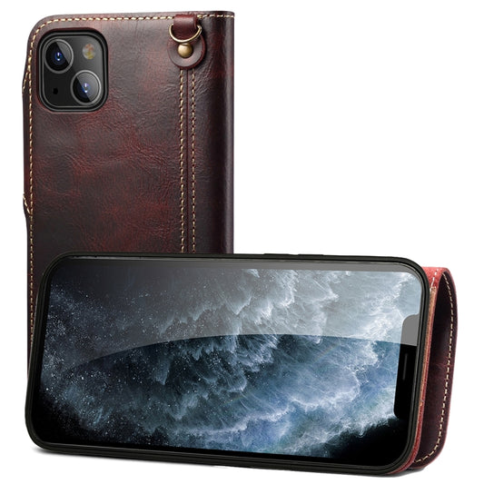 For iPhone 13 mini Denior Oil Wax Cowhide Magnetic Button Genuine Leather Case(Dark Red) - iPhone 13 mini Cases by Denior | Online Shopping UK | buy2fix