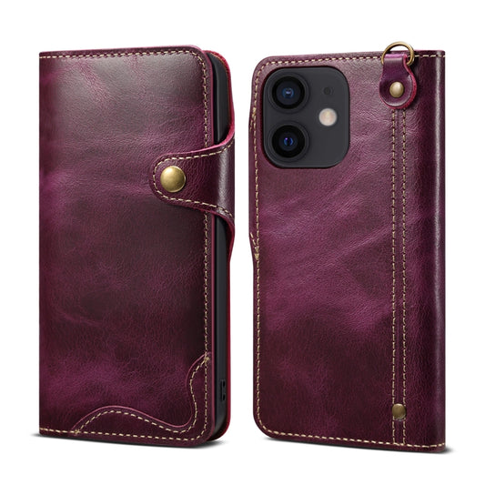 For iPhone 12 mini Denior Oil Wax Cowhide Magnetic Button Genuine Leather Case (Purple) - iPhone 12 mini Cases by Denior | Online Shopping UK | buy2fix