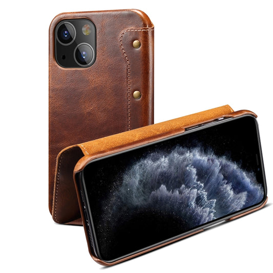 For iPhone 13 mini Denior Oil Wax Top Layer Cowhide Simple Flip Leather Case(Brown) - iPhone 13 mini Cases by Denior | Online Shopping UK | buy2fix