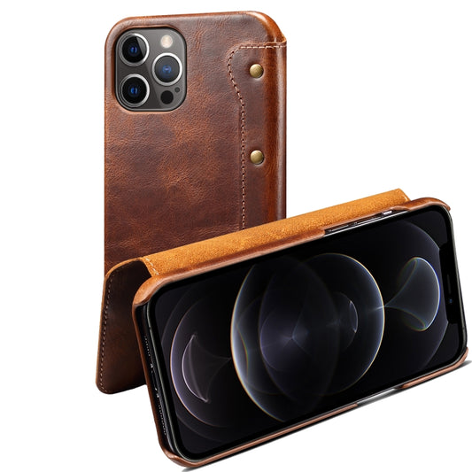 For iPhone 13 Pro Denior Oil Wax Top Layer Cowhide Simple Flip Leather Case(Brown) - iPhone 13 Pro Cases by Denior | Online Shopping UK | buy2fix