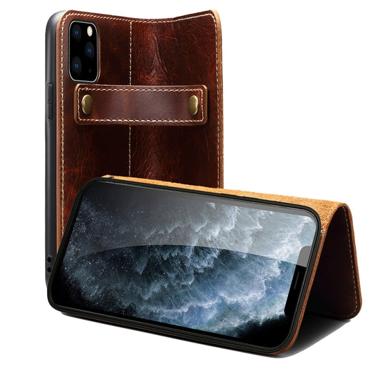 For iPhone 12 / 12 Pro Denior Oil Wax Cowhide DK Magnetic Button Leather Phone Case(Brown) - iPhone 12 / 12 Pro Cases by Denior | Online Shopping UK | buy2fix