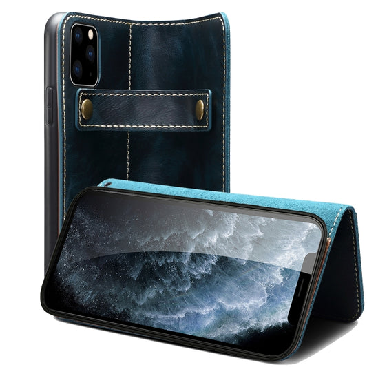 For iPhone 12 / 12 Pro Denior Oil Wax Cowhide DK Magnetic Button Leather Phone Case(Dark Blue) - iPhone 12 / 12 Pro Cases by Denior | Online Shopping UK | buy2fix