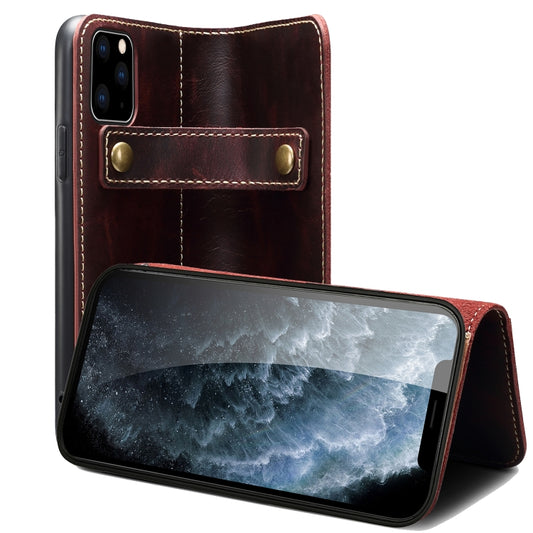 For iPhone 12 / 12 Pro Denior Oil Wax Cowhide DK Magnetic Button Leather Phone Case(Dark Red) - iPhone 12 / 12 Pro Cases by Denior | Online Shopping UK | buy2fix