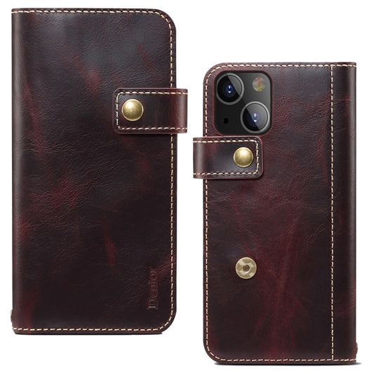 For iPhone 13 mini Denior Oil Wax Cowhide DK Magnetic Button Leather Phone Case(Dark Red) - iPhone 13 mini Cases by Denior | Online Shopping UK | buy2fix