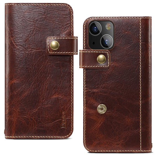 For iPhone 13 Denior Oil Wax Cowhide DK Magnetic Button Leather Phone Case(Brown) - iPhone 13 Cases by Denior | Online Shopping UK | buy2fix