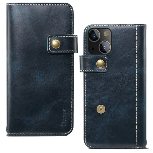 For iPhone 13 Denior Oil Wax Cowhide DK Magnetic Button Leather Phone Case(Dark Blue) - iPhone 13 Cases by Denior | Online Shopping UK | buy2fix