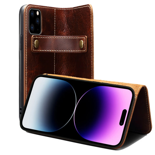 For iPhone 14 Pro Denior Oil Wax Cowhide DK Magnetic Button Leather Phone Case(Brown) - iPhone 14 Pro Cases by Denior | Online Shopping UK | buy2fix