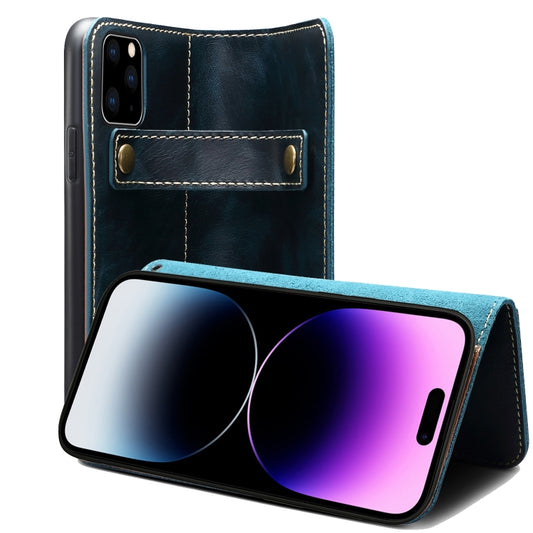 For iPhone 14 Pro Denior Oil Wax Cowhide DK Magnetic Button Leather Phone Case(Dark Blue) - iPhone 14 Pro Cases by Denior | Online Shopping UK | buy2fix