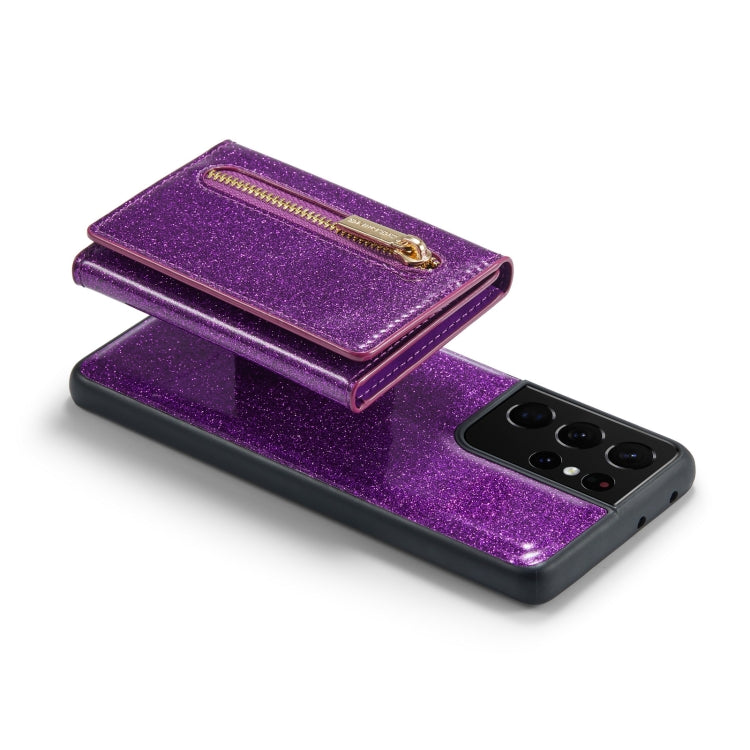 For Samsung Galaxy S21 Ultra 5G DG.MING M3 Series Glitter Powder Card Bag Leather Case(Dark Purple) - Galaxy Phone Cases by DG.MING | Online Shopping UK | buy2fix