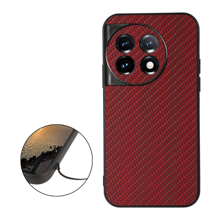 For OnePlus 11 5G Accurate Hole Carbon Fiber Texture PU Phone Case(Red) - OnePlus Cases by buy2fix | Online Shopping UK | buy2fix