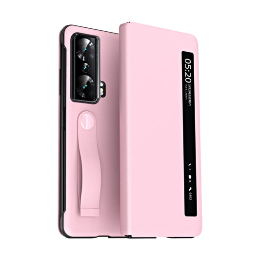 For Honor Magic Vs Side Window View Smart Litchi Pattern Leather Phone Case with Hand Strap(Pink) - Honor Cases by buy2fix | Online Shopping UK | buy2fix