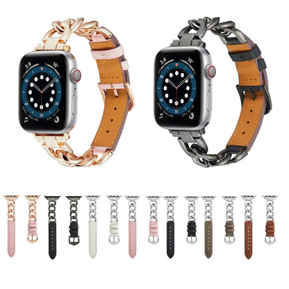 Chain + Leather Watch Band For Apple Watch Series 9&8&7 41mm / SE 3&SE 2&6&SE&5&4 40mm / 3&2&1 38mm (Black+Black) - Watch Bands by buy2fix | Online Shopping UK | buy2fix