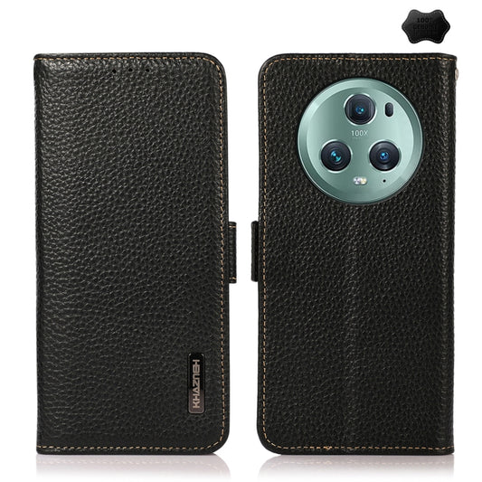 For Honor Magic5 Pro KHAZNEH Side-Magnetic Litchi Genuine Leather RFID Phone Case(Black) - Honor Cases by buy2fix | Online Shopping UK | buy2fix